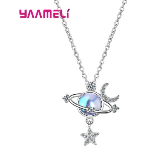 Amazing 925 Silver Statement Universe Planet Pendant Necklaces Handmade Star Moon Cubic Zircon Necklace Jewelry Christmas Gift