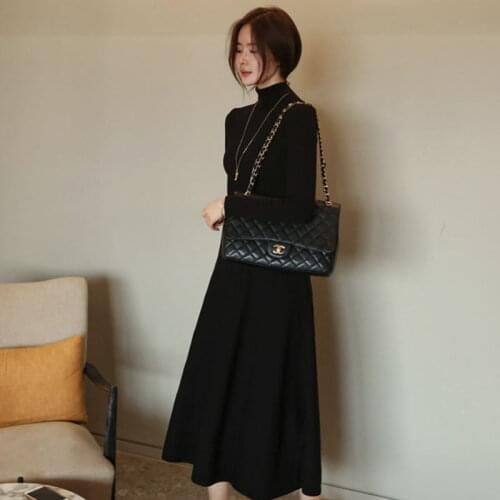 Elegant Korean Winter Vestidos Women Office Knitted dress Thickening Turtlenect Warm Long Dress Female Black Sweater Dresses