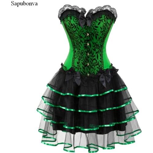 Sapubonva victorian corset dresses halloween costumes corsets bustier dress with skirt set mini tutu skirt corselet overbust 6xl