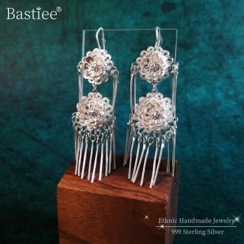 Bastiee 999 Sterling Silver Earrings Handmade Drop Earrings Long Tassels Statement Chinese Vintage Miao Handmade Luxury Jewelry