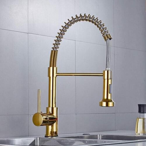 Solid Brass Kitchen Faucet Gold Polished Brass Spring Kitchen Sink Faucet Single Hand Modern Hot and Cold Water gold Pull Out