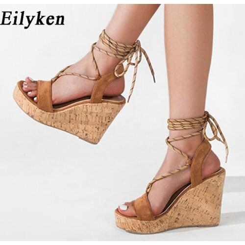 Eilyken 2021 New Fashion Peep Toe Platform Wedges Sandals High Quality Cross-Tied Flock Ladies Outdoor Casual High Heels Shoes