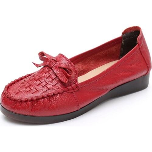 Women Shoes Woman Genuine Leather Slip On Breathable Butterfly-knot Flat Shoes Women Flats Larger size ladies shoes