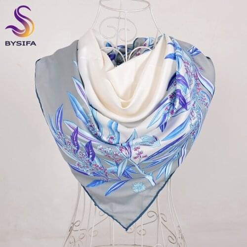 [BYSIFA] New Brand Silk Scarf Shawl Women 2018 Fashion Grey White Leaves Pattern Square Scarves Wraps Autumn Winter Head Scarves