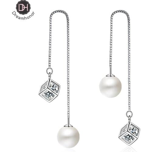 Dreamhonor 2021 Trendy Fashion Pearl Cube Zirconia Crystal Earrings for Women 925 Sterling Silver Long Drop Earring Jewelry