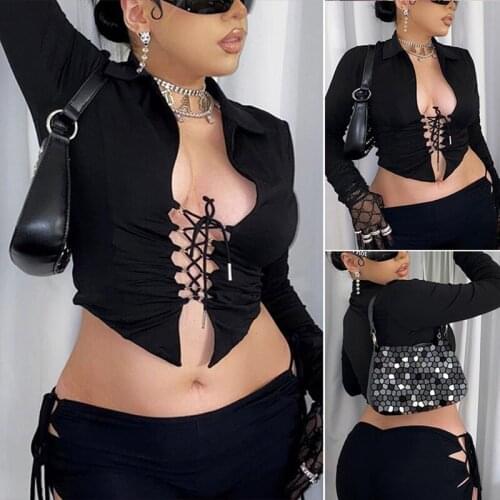 Aesthetic Crop Tops Academia Long Sleeve Women T Shirts Lapel Lace Up Girl Cardigan T Shirts