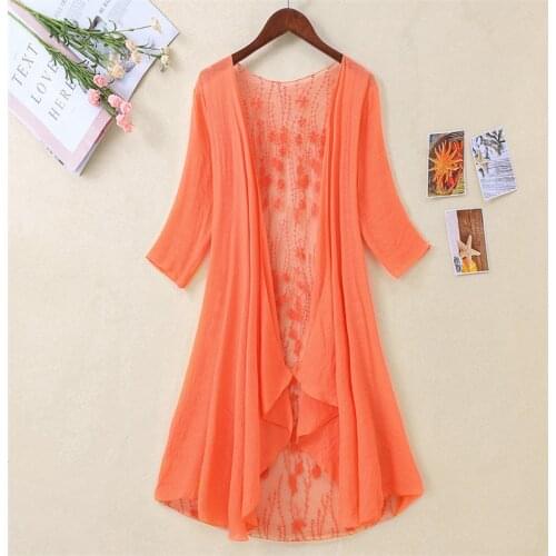 Women Midi Long Embroidery Shawl Cardigan 2021 Summer Casual Thin Irregular Cotton Linen Cardigans Lady Sun Protection Clothing