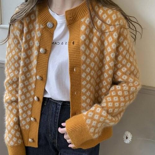Vintage Cardigans Sweater Women 2021 Autumn New Korean Fashion Loose Houndstooth Knitted Button Up Yellow Green Tops