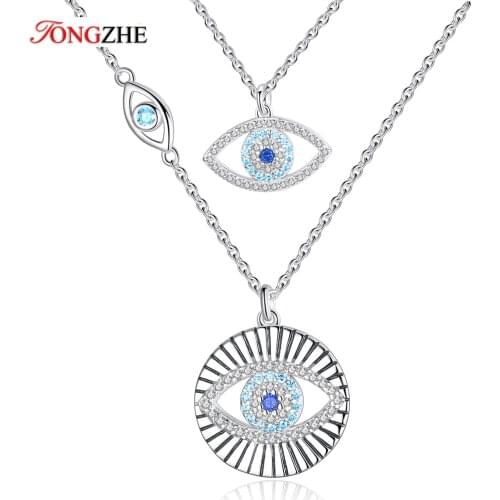 TONGZHE Lucky Evil Eye Necklace Women Blue CZ 925 Sterling Silver Necklace Fishtail Crystal Pendant Long Chain Turkey Jewelry