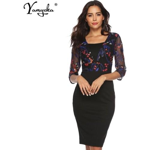 Sexy Black Mesh Embroidery summer dress wome elegant Night club Work office clothes Party bodycon vintage dresses vestidos New