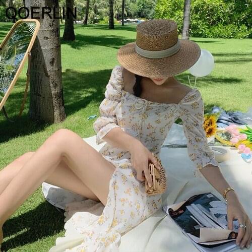 QoerliN One-Shoulder Sexy Split Chiffon Dress New Female Bohemian Floral Knee Length Dress French Retro Beach Dress Plus Size