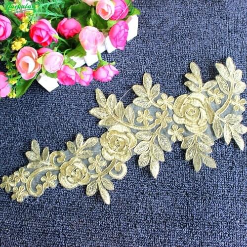 New Arrived Bridal Lace Motif Flower Trims 3 Pcs/Lot Appliqued Sequins Gold Wedding Dress Sashes Diy Accessories 38cm*14cm