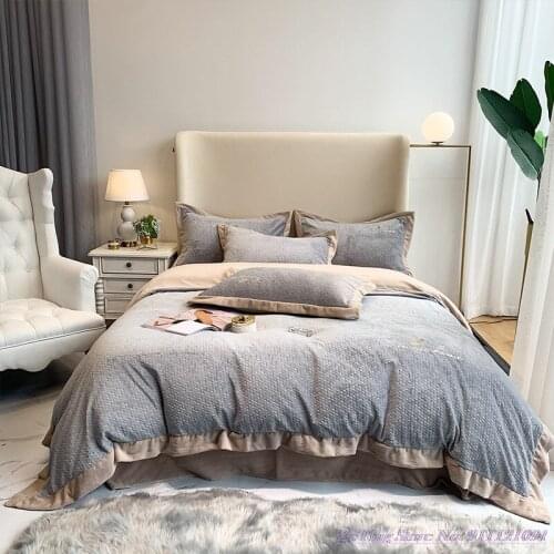 4pcs Winter Thickening Bedding Set Plus Velvet Double-sided Carved Milk Velvet Flannel Duvet Cover Crystal Gray Warm HomeTextile
