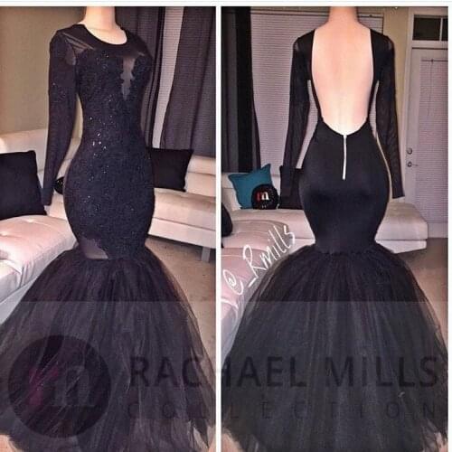 Arabic Black Mermaid Evening Dresses 2021 robe de soiree Sexy Backless Long Sleeve Formal Women Dress Party Gowns