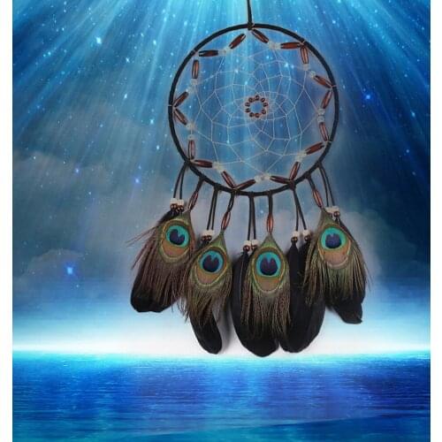 Indian Primitive Tribal Style Dream Net Peacock Feather Crafts Dream Net Brown Wind Chime Hand Dream Net Hanging Wall Home Decor