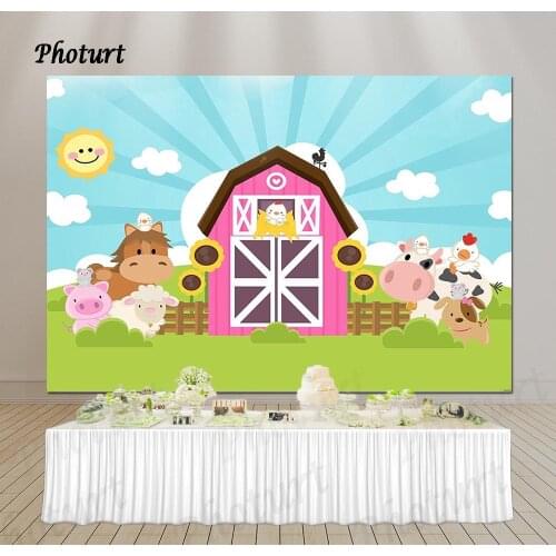 PHOTURT Farm Animals Photography Background Kids Birthday Backdrop Blue Sky Cow Horse Hen Vinyl Polyester Photo Decorate Props