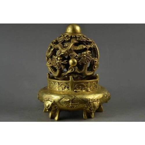 Collectable Old BRASS Carving Double Dragon & 5 Lion Head Rare Big Religion Incense Burner free SHIPPING