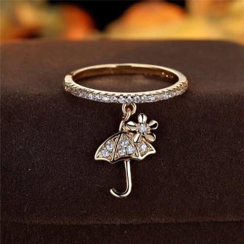 Cute Flower Small Umbrella Pendant Ring Vintage Gold Silver Color Wedding Ring Dainty White Zircon Round Rings For Women Jewelry