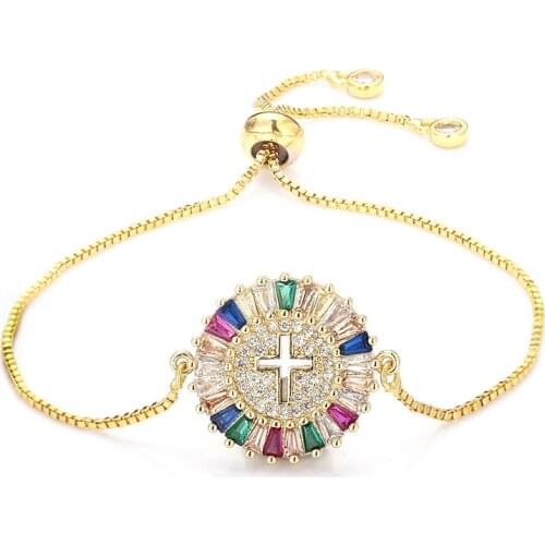 Fashion womens rainbow cross bracelets jewelry gold cz colorful zircon bracelet bangle adjustable chain bracelet for women