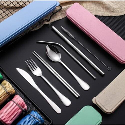 Stainless Steel Flatware Set Portable Cutlery Set Travel Picnic Dinnerware Set Metal Straw With Box And Bag Kitchen Utensil SN