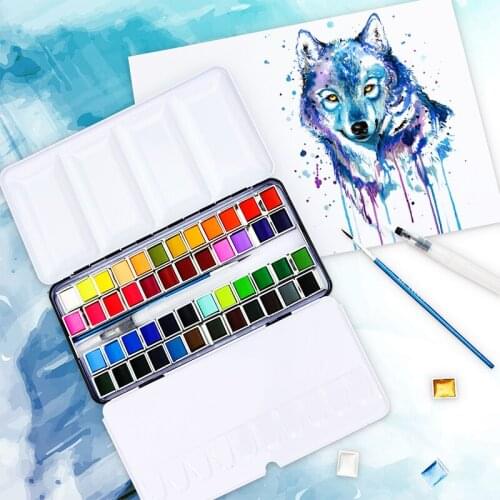 Angel Mark New Solid Watercolor Paint Set Black Metal Box Portable With Water Brush Drawing School Professional Art Supplies