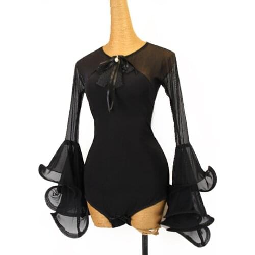 New Latin Dance Tops Professional Modern Standard Practice Jumpsuit Black Gauze Long Sleeve Bodysuit Rumba Outfits DQL5827