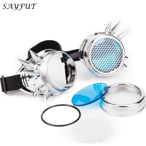 Silver Rivet Goggles Steampunk Glasses Blue Clear Glass Lens With Mesh Cosplay Vintage Glasses Welding Men Women Gothic Eyewear