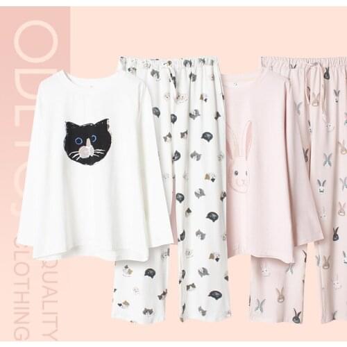 Spring and autumn new cute cat rabbit round neck home service suit students can wear loose pajamas and long-sleeved trousers