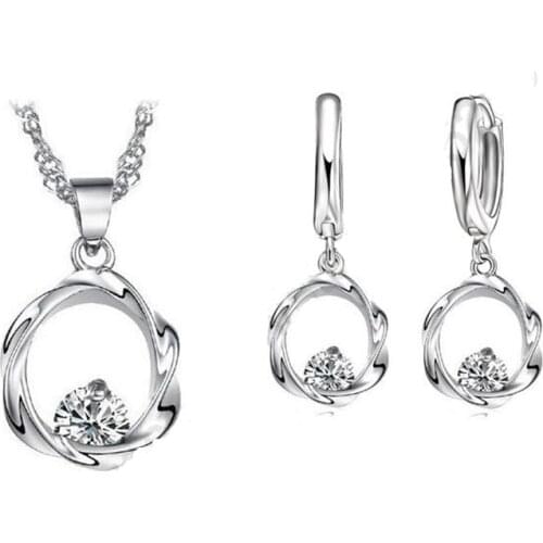 Fashion 925 Sterling Silver Sparkling Cubic Zirconia CZ Pendants Necklace Earrings Jewelry Gift Sets For Women Party
