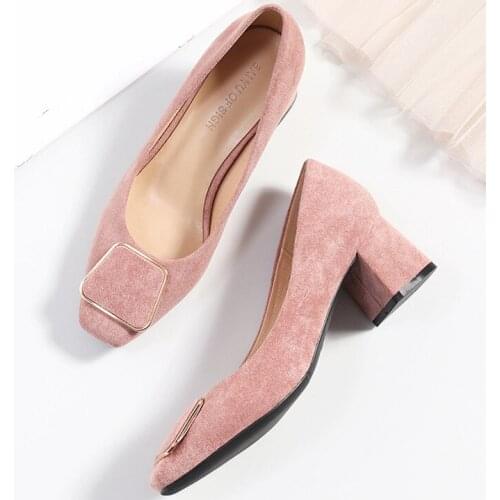 Spring Autumn Fashion Womens Pumps Shoes Woman Flock Leather Square High Heels Shoes Lady Casual Comfortable Shoes