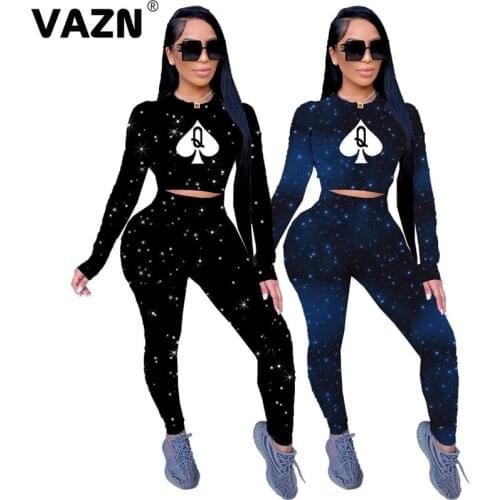 VAZN 2021 Casual Daily Full Sleeve Cartoon Chic Ladies O-neck Sexy High Street Set Sport Women Young Energetic Set