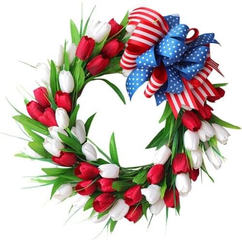 Artificial Tulip Wreath, Summer Wreath with Green Leaves for Front Door Window Wall Wedding Party Farmhouse Home Decor