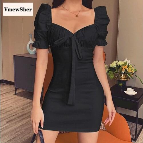 VmewSher New Spring Summer Women Dress Bow V Neck Puff Sleeve Female Mini Dresses Sexy Bodycon Slim High Waist Short Vestidos