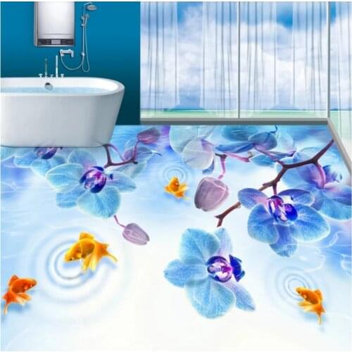 Wellyu custom Large wallpaper fresco floor beautiful blue butterfly orchids gold water whirlpool bathroom 3D floor tiles