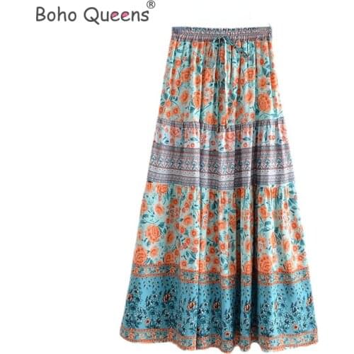 Boho Queens Hippie women Bohemian floral print beach skirt High Elastic Waist Maxi Long A-Line Boho Skirt Femme