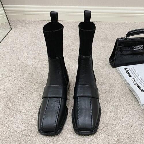 MEZEREON Woman Boots With Square Toe Slip On Patchwork Ankle Boots Cow Leather Modern Women Shoes Korea Style botas femininas