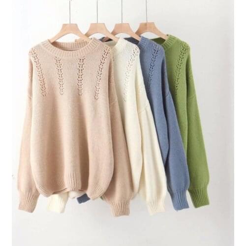 2021 women solid pullover autumn winter loose wild round neck hollow crochet puff sleeve knit sweater women