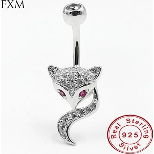 Crystal Fox belly button ring navel piercing jewelry body bar piercing 925 silver zircon rhinestonefor women