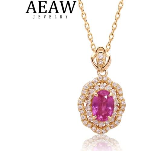 AEAW 18K Yellow Gold 0.778ct Pink Sapphire Engagement Pendant Necklace Side Diamond Accessories Women Romantic Gift