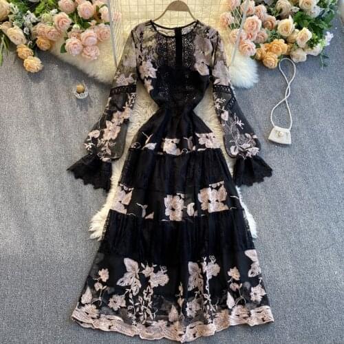 Runway Tulle Mesh Patchwork Pink Floral Embroidered Dress 2021 Summer Women Hollow Out Long Flare Sleeve One-Piece Maxi Dress