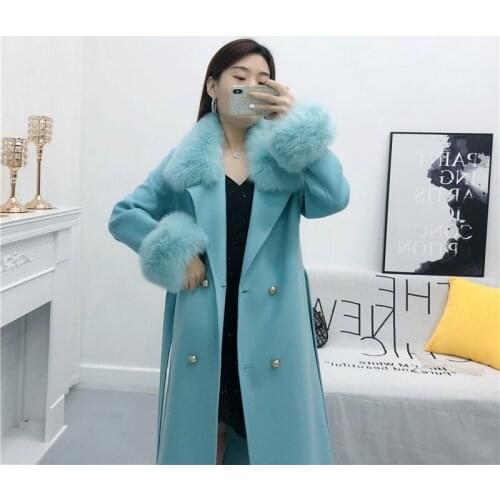 2020 Winter Jacket Slim Belt Warm Streetwear Women Natural Fox Fur Collar Cashmere Wool Blends Long Outerwear Real Fur Coat