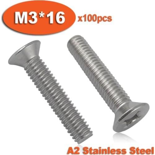 100pcs DIN965 M3 x 16 A2 Stainless Steel Screw Cross Recessed Countersunk Flat Head Screws