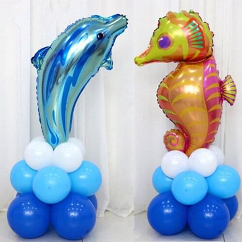13pcs/lot Fish Dolphin Hippocampus Foil Latex Balloons Uprights Stand Helium Inflatable Balls Ocean Animal Theme Party Decor