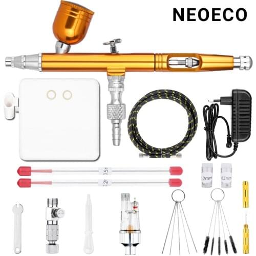 Auto Stop Function Dual-Action Airbrush With Compressor 0.2mm/0.3mm/0.5mm Gold Kit Spray Gun Power Touch Switch Cake Model