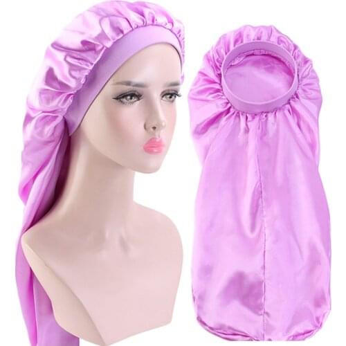 Satin Bonnet Double Layer Silky Lined Long Bonnet Solid Color Night Sleep Cap For Long Braids Head Wrap Hair Care Ladies Hat