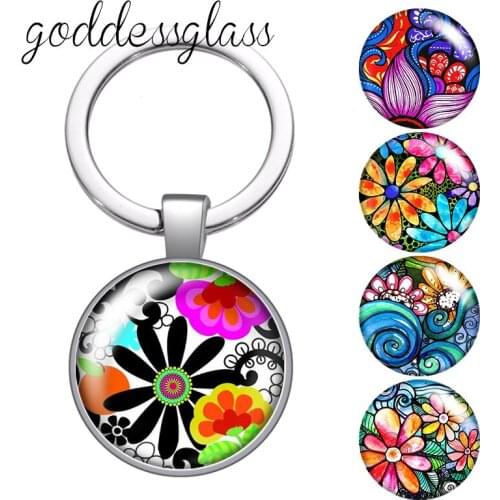 Colorful painting Flowers Dasiy patterns Round glass cabochon keychain Bag Car key chain Ring Holder Charms keychains for gift