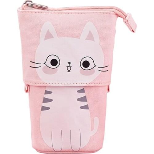 T3EE Transformer Stand Store Pencil Holder Canvas Telescopic Pencil Cases Cartoon Zipper Pencil Pouch Dual-Use Stand Pen Case