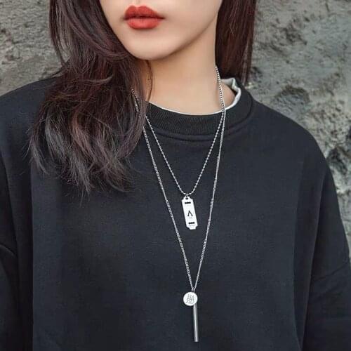 Kymyad Stainless Steel Lover Necklace Women Men Geometric Pendant Necklaces For Women Silver Color Hip Hop Long Necklaces