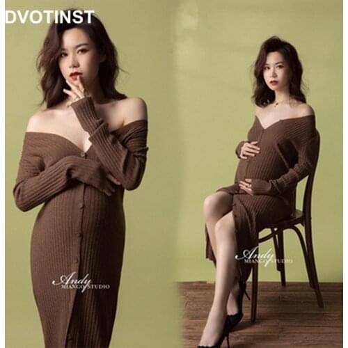Dvotinst Women Photography Props Maternity Dresses Pregnancy Full Sleeve Knit Sexy V-neck Slim Dress Studio Photoshoot Clothes
