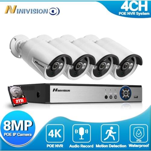 H.265+ 4CH 8MP 4K CCTV System POE NVR Kit 3840X2160 Audio Waterproof Metal IP Camera Bullet Home Security Camera System Xmeye